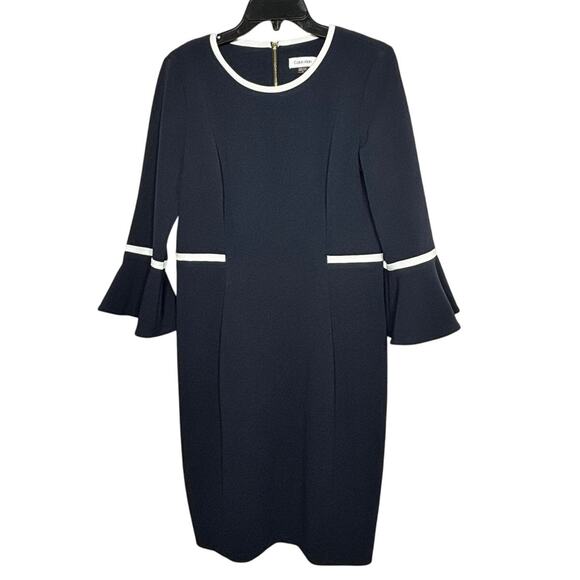 Calvin Klein Navy White Bell Sleeve Sheath Piped Trim Knee Length Dress Size 12 - Picture 1 of 8